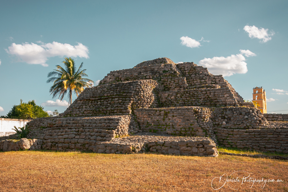 Acanceh Pre Columbian stepped pyramid at ancient Maya archaeological site in Mexico